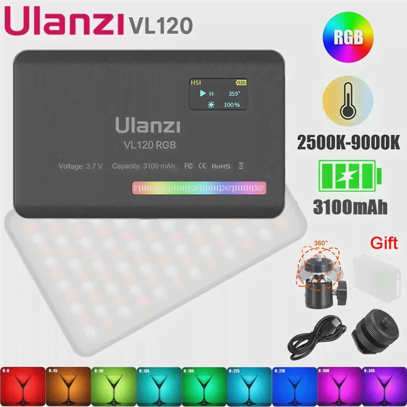 Ulanzi VIJIM VL120 RGB светильник Светодиодная камера полноцветная 3100mAh Dimmable 2500K-9000K двухцветная панельная лампа студийная лампа (art.: 3920bb588597a)